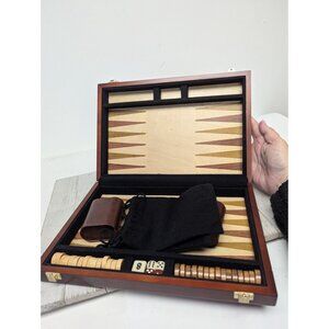 Travel Backgammon Set Wood Case Vintage Wood Pieces